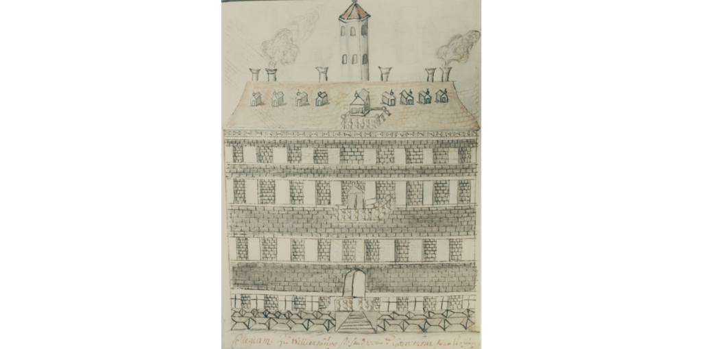 Sketch of the Wren Building in 1702, a brick building with steps leading an arched entryway, three floors, and dormers and chimneys on the roof.
