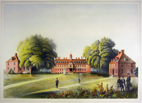Color illustration of three 18th-century red brick buildings, with multiple floors and windows. Tall trees surround the buildings. In the foreground are people dressed in black and white clothing walking or talking in a small group.  
