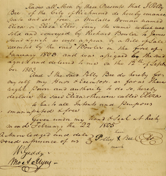 Digital image of a handwritten 19th-century document emancipating enslaved woman named Eliza Ellis.