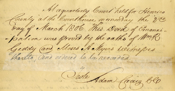 Digital image of a handwritten 19th-century court document certifying Eliza's Deed of Emancipation.