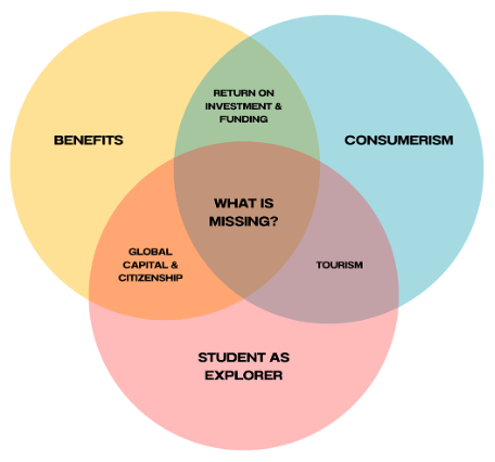 Venn diagram depicting primary discourses in three circles, secondary discourses in the areas of overlap, and "what is missing" in the section where all three circles overlap.